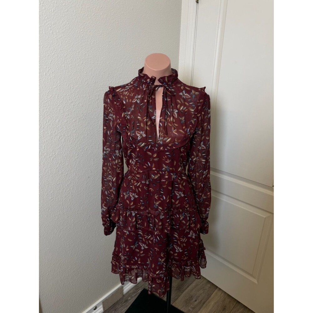 NICHOLAS Burgundy Floral Tie-Neck Long-Sleeve Ruffle Dress Sz 2